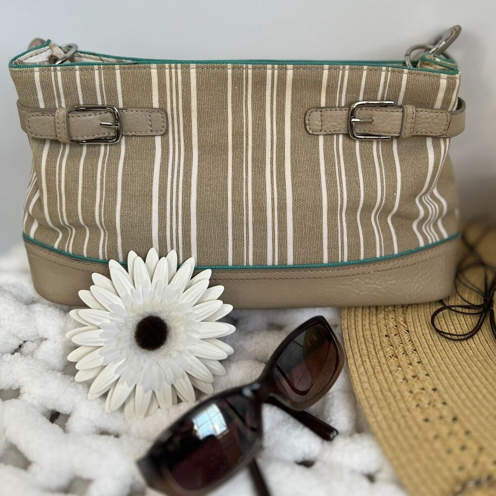 Tommy Hilfiger Striped Canvas Shoulder Bag Beige Coastal Preppy Boho
